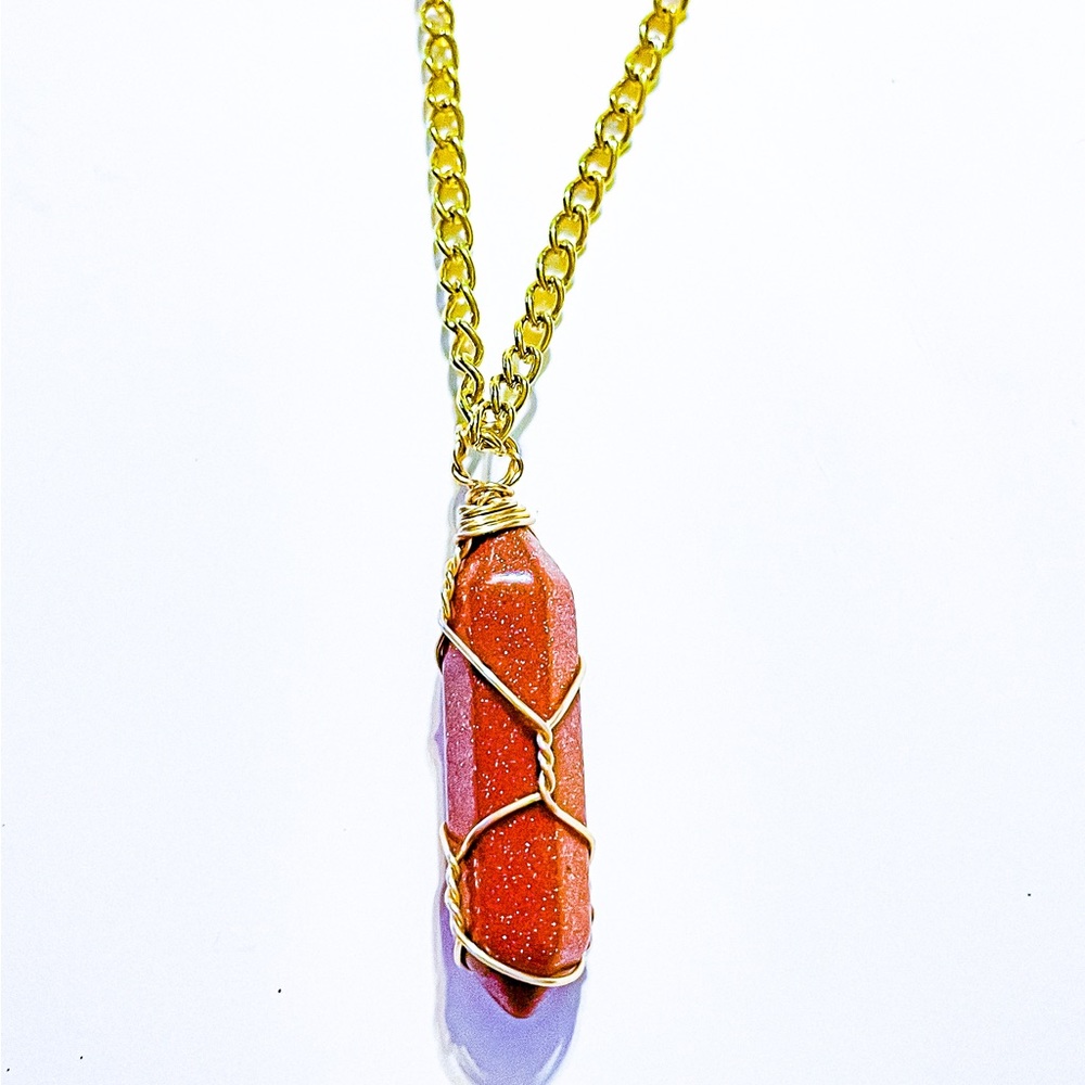 Red Goldstone Gemstone Wire Wrapped Necklace